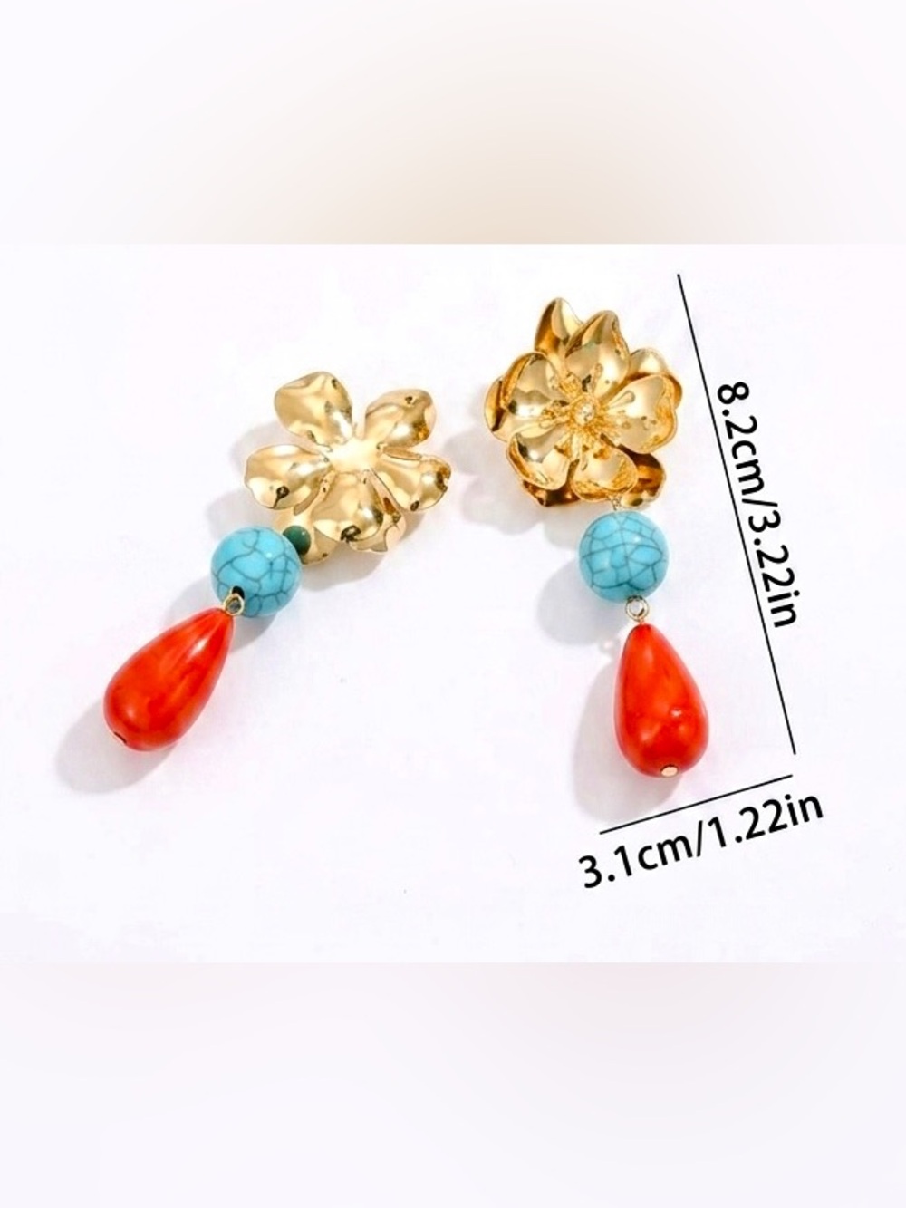 Floral Drop Earrings |Retro Gold Flower Turquoise & Red Resin Statement Earrings - Picture 6 of 6